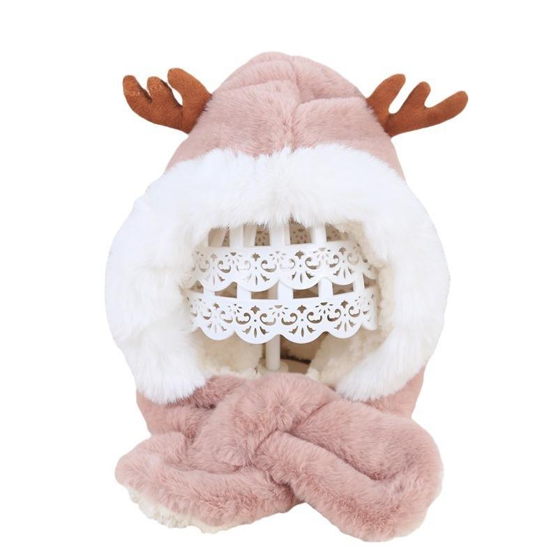 Winter thickened velvet ear protectors cute antlers baby hat scarf integrated boys girls baby pullover hat