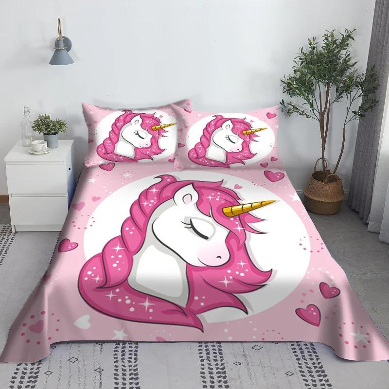 Multi colored unicorn bed sheet 3D printed cartoon polyester bed sheet with pillowcase, children's bedding gift set in full size