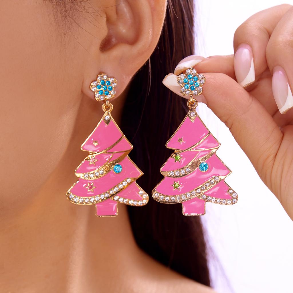 Delicate Pink Drop Oil Christmas Tree Drop Earrings for Women Sweet Colorful Wreath Bulb Earrings New Year Party Jewelry Gifts