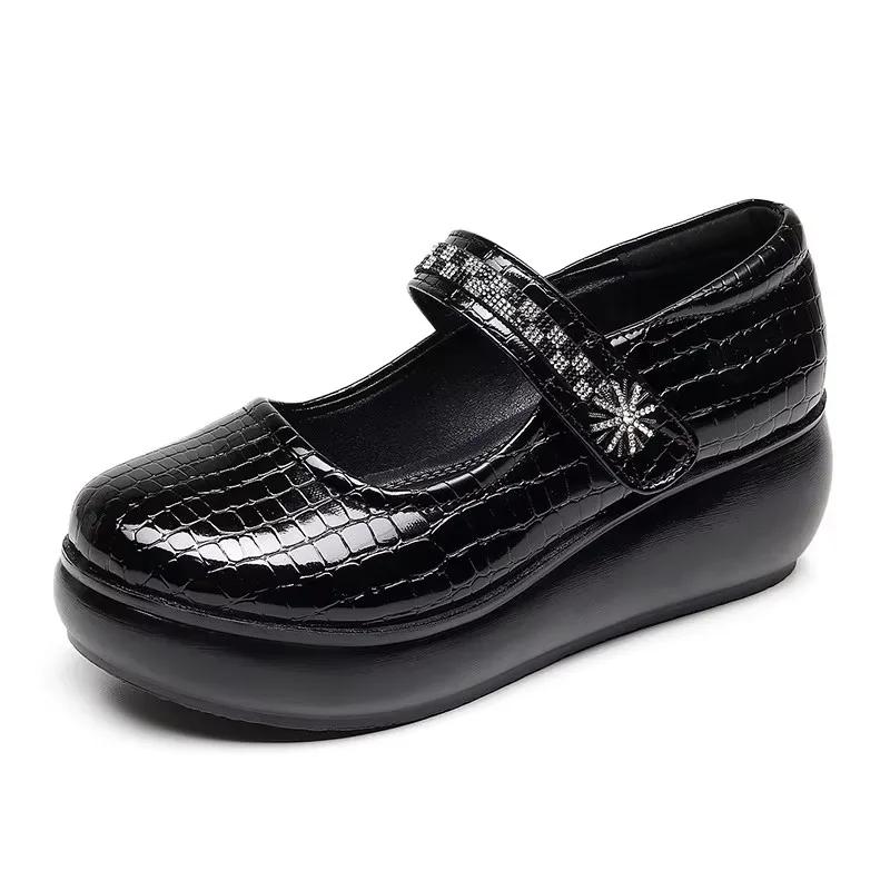 6cm Small Size 32-43 Comfortable Breathable Shallow Soft Leather Mary Janes Mid Heels 2025 Spring Platform Wedges Shoes Mom Work