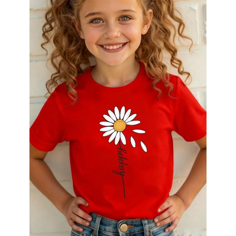 Summer Fashion Girls' Short Sleeve T-Shirt HAPPY Daisy Flower Cartoon Print Casual Versatile Top