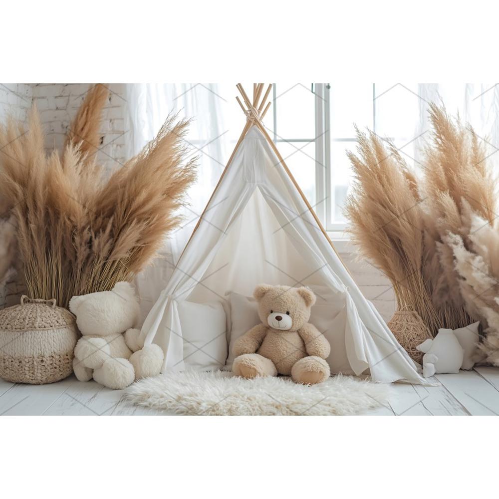 Boho Pampas Teddy Bear Photography Background Balloons Arch Tent Decor Cake Smash Baby 1st Birthday Indoor Photocall Backdrops