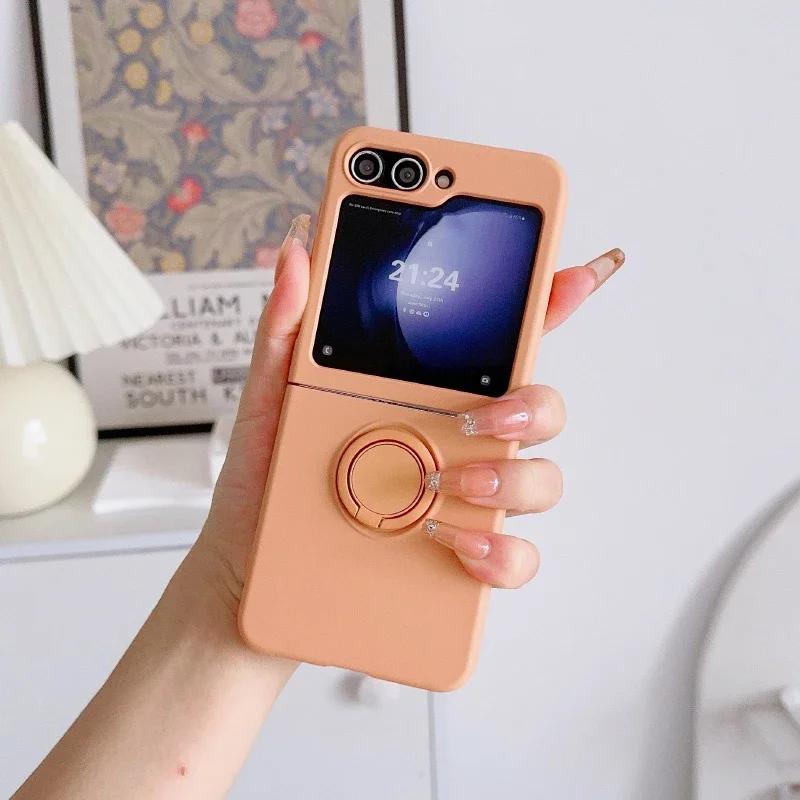 Simple Solid Color Rotating Ring Bracket Phone Case For Samsung Galaxy Z Flip 7 6 5 4 3 Soft Silicone Shockproof Protector Cover