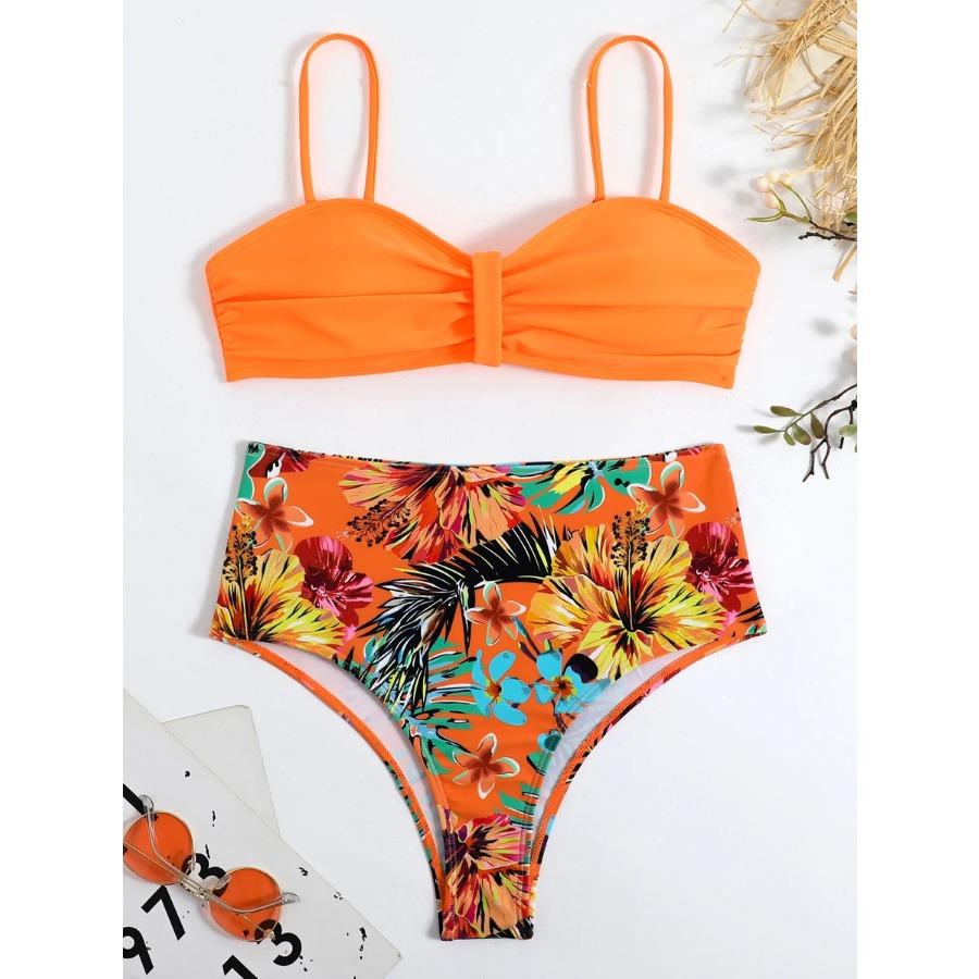 

Сексуальный сплошной комплект бикини-бандо для женщин с тропическим принтом, купальники для женщин, купальник с высокой талией и завязками на спине, пляжная одежда L