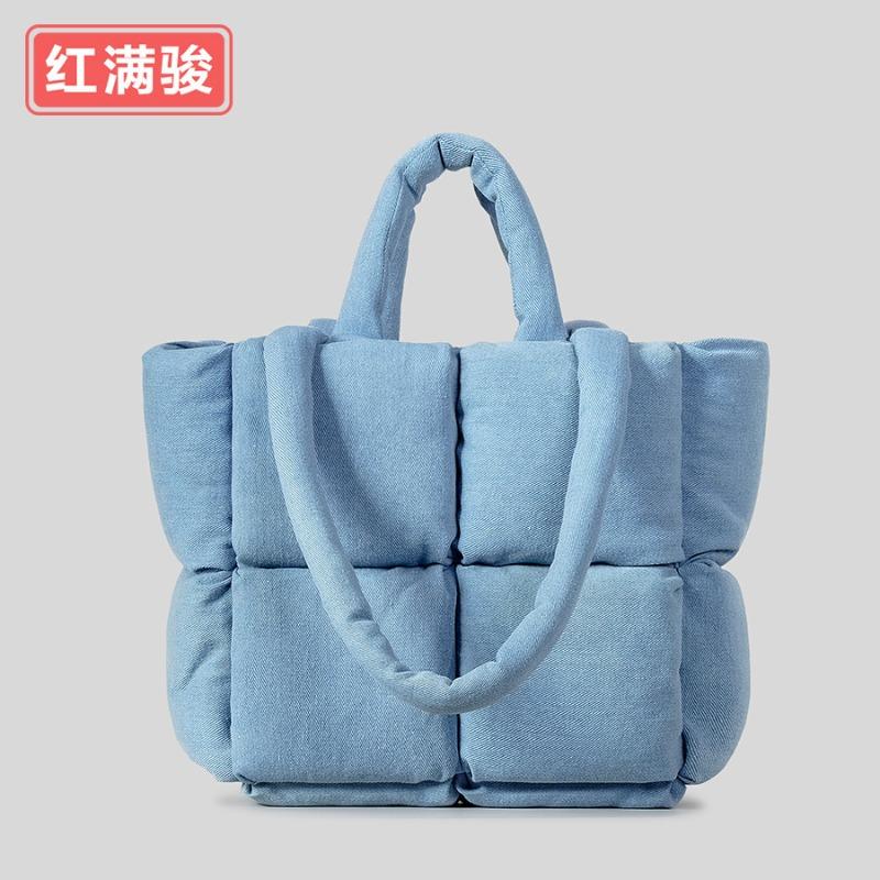 New Down Bag Cotton Clothes Handbag Women's Soft Checkered Filled Cotton Shoulder Bag Fashionable and Simple Tote Bag