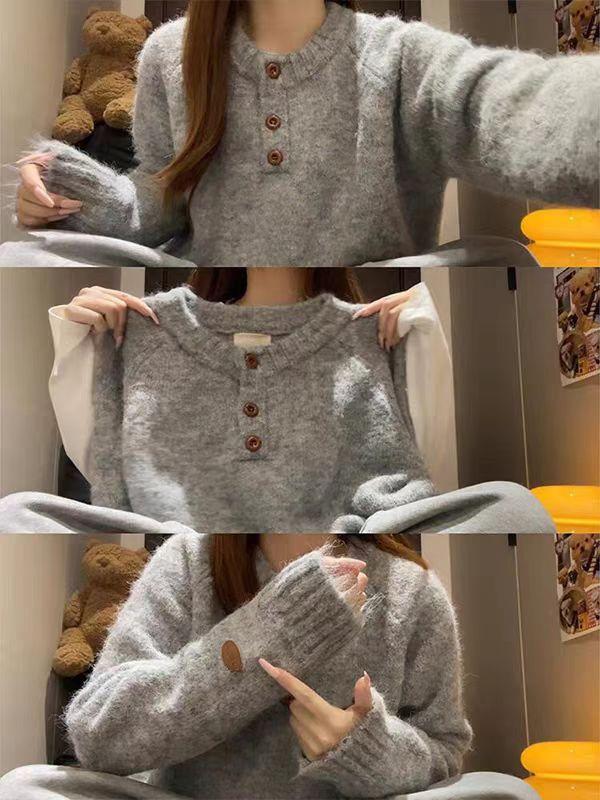 Large Version Thickened Soft Waxy Sweater Women's Semi-open Neck Button-knitted Sweater Autumn and Winter Loose Inner Long-sleeved Lazy Top