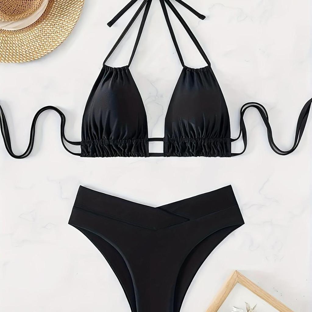 2024 Sexy Black Deep V Backless Strappy Push-up Bikini for Women