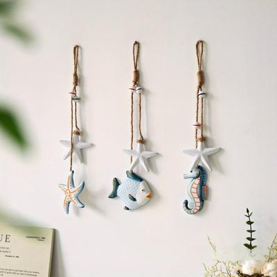 1 pièce Décoration murale en bois perlé de style méditerranéen avec hippocampe, étoile de mer et poisson