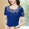 S-4XL Summer Short Sleeved O-Neck Women's T-Shirt Elegant Slim Sexy Hollow Out Drilling Mesh Lace Tops Blusas