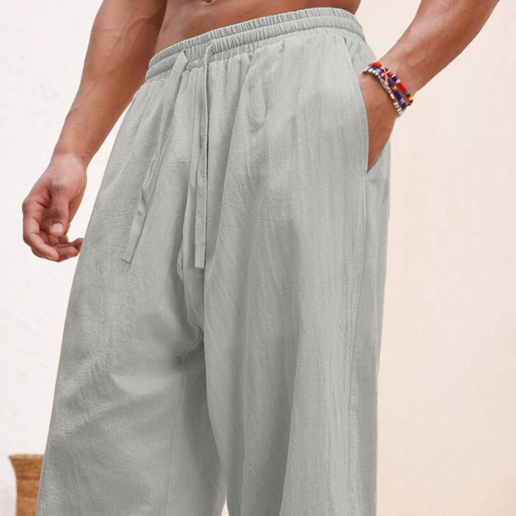 European and American Men's Linen Straight Loose Pants Solid Color Casual Lace-up Wide-leg Beach Pants