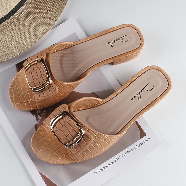 Heli Shark women's summer new thick-heeled slippers fashionable square buckle outer wear women's shoes flat daily low-heeled cool slippers