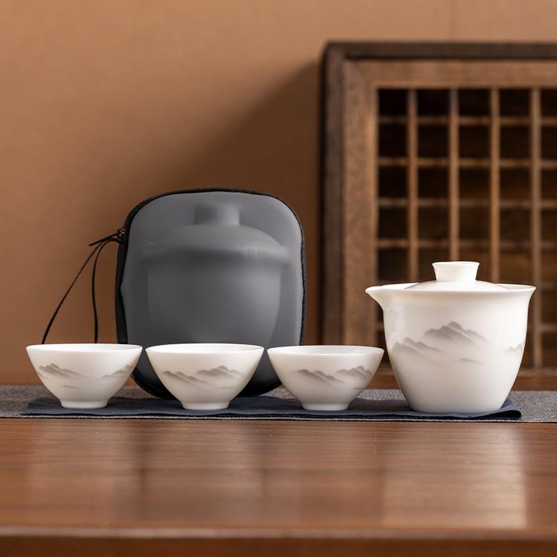 Suet jade porcelain high-end travel tea set, a pot of three cups, portable set, light luxury business commemorative holiday gifts