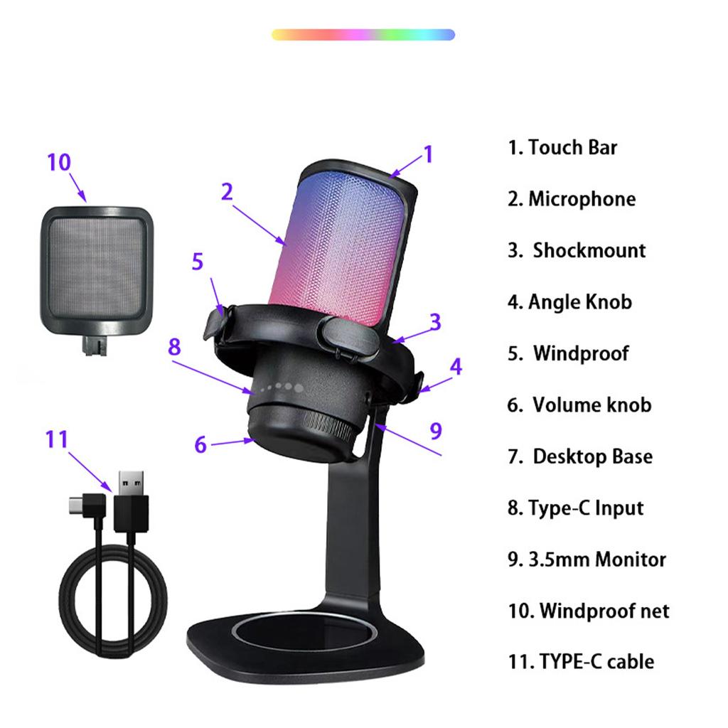 Game microphone USB computer recording microphone with anti-spray net set RGB lighting capacitor microphone