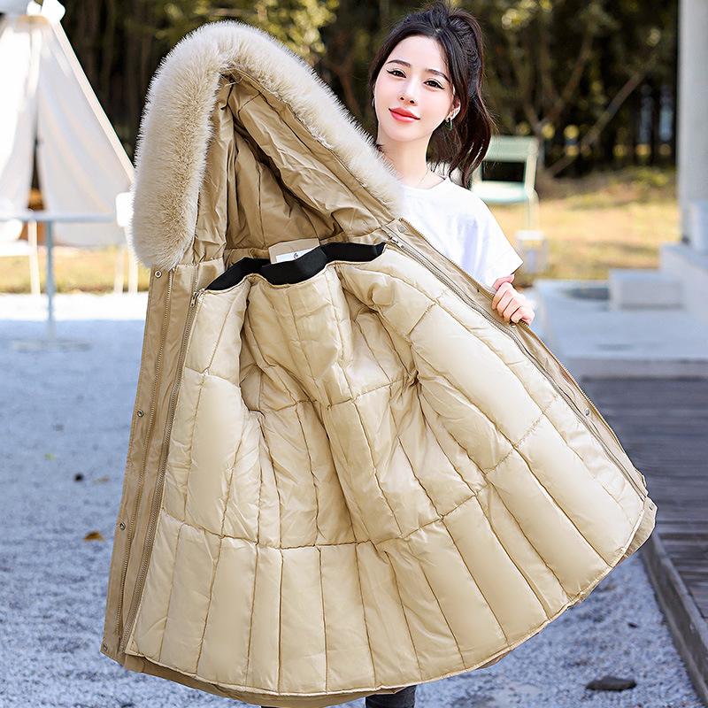 Nový kabát s kapucí a velkým kožešinovým límcem v korejském stylu pro ženy, všestranný odnímatelný dámský kabát