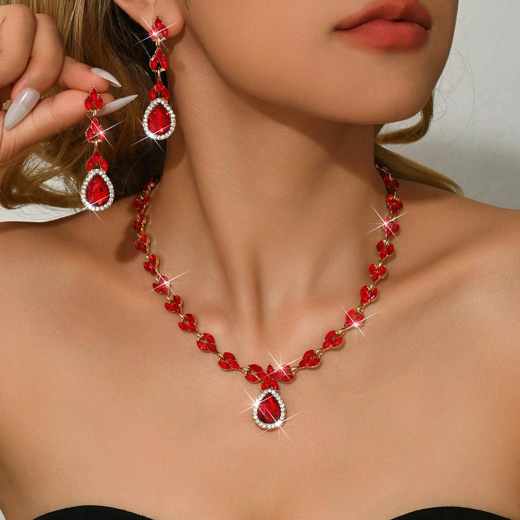 European and American Fashion Green Blue Red Rhinestone Necklace Earrings Bracelet Ring Set Full of Diamonds Four-piece Set 2026