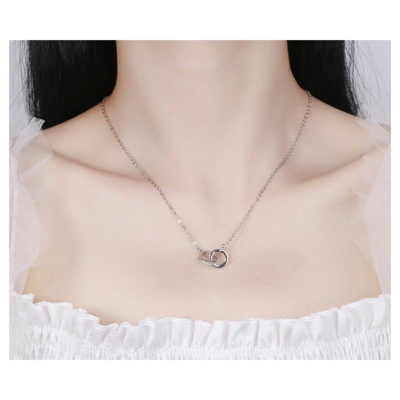 Simple Micro Inlaid Zircon Double Interlocking Circle Pendant Clavicle Necklace For Women