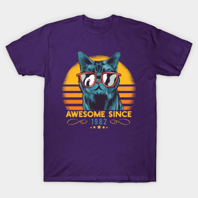 Women's Fashion Round Neck Short-sleeved Cat Awesome Since 1982 Funny Cat Lover Gift Idea F Print T-shirt Summer Casual Slim T-shirt