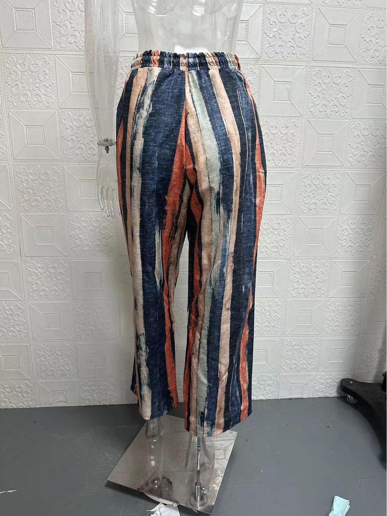 2024 Women's Cotton Linen Elastic Waist Pants - Casual Nine-Point Khaki Sky Blue