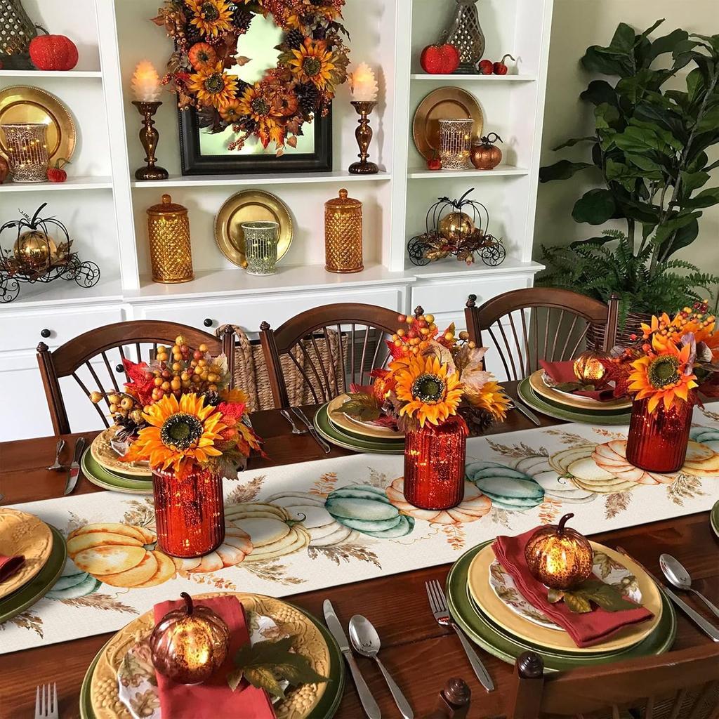 Fall Thanksgiving Pumpkins Linen Table Runner Home Decor Washable Autumn Harvest Kitchen Dining Table Runners Thanksgiving Decor