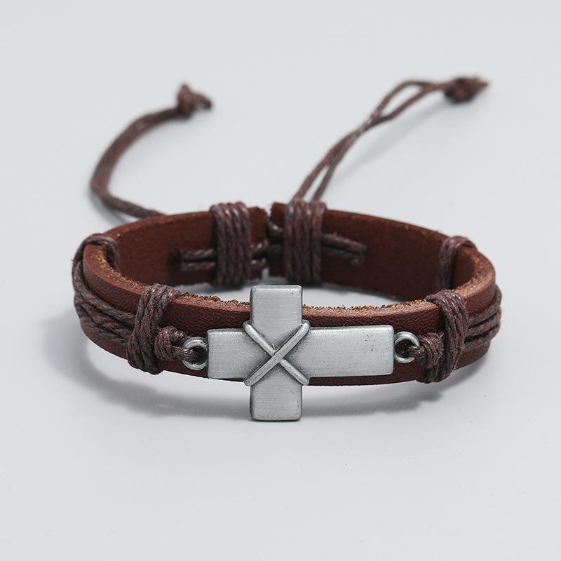 Retro Woven Cowhide Bracelet Simple Pull Adjustment Cross Bracelet Handrope Personalized Jewelry Gift