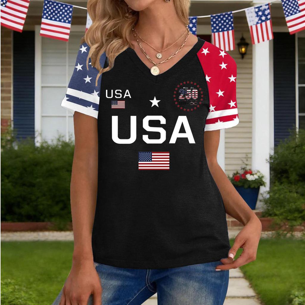 Damen Lässiger V-Ausschnitt Kurzarm Pullover Oberteil USA-Flagge Grafikdruck Leichter Weicher Stoff Lockere Passform T-Shirt