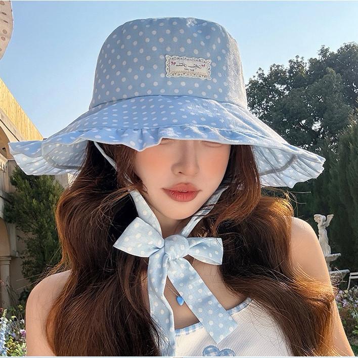 Korean Polka Dot Fisherman Hat for Women, Summer Outing, Lace-Up Strap, UV Protection, Wide Brim Sunshade Sun Protection Hat