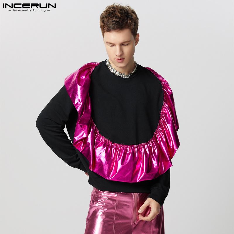 INCERUN Men Round Neck Long Sleeve Shiny Finish Ruffled Patchwork Loose T-shirts