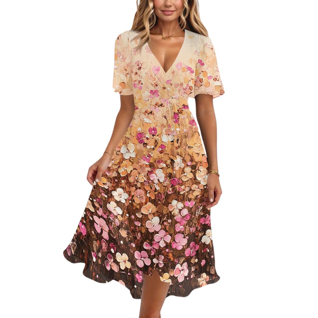 Women’s V Neck Short Sleeve Midi Dress with Floral and Butterfly Print Flowing Hem Casual Fit