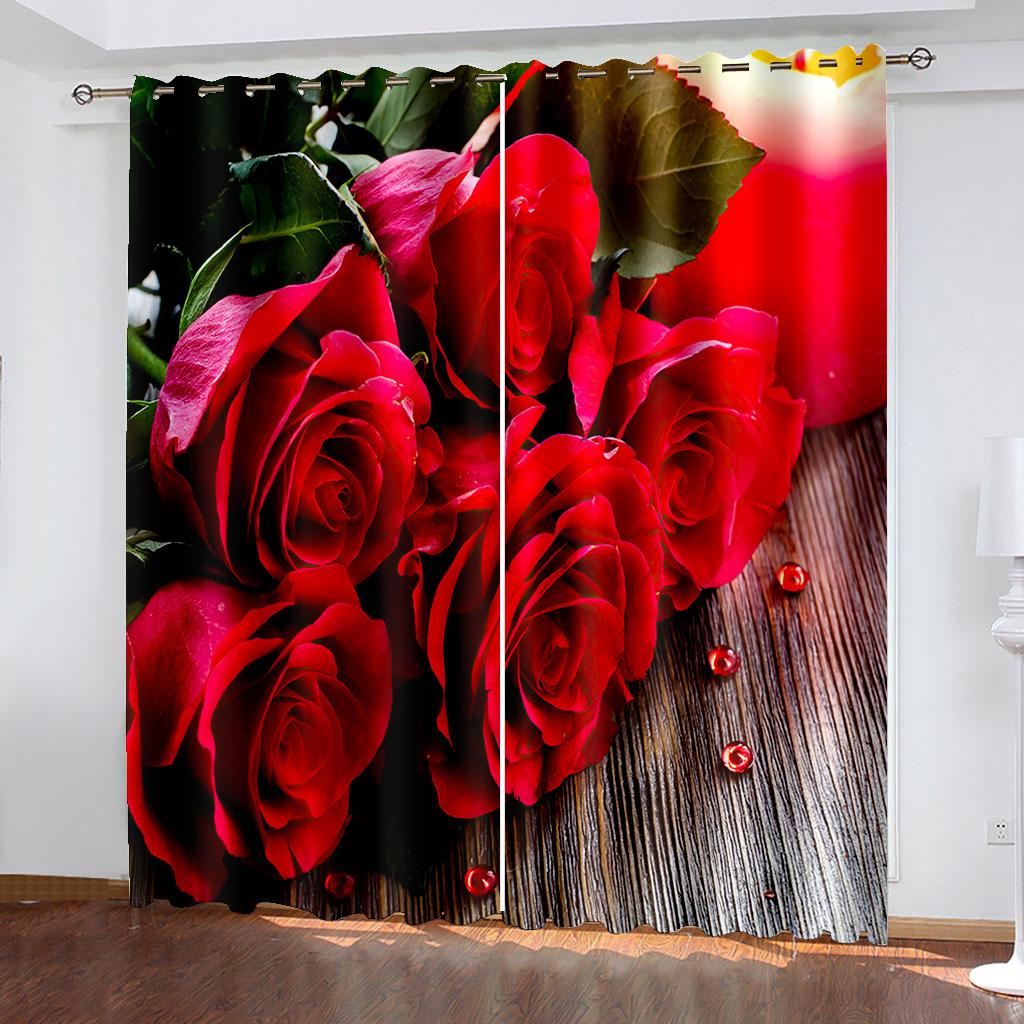 2 Panel Red Rose Pink Flower Curtains for Girls Bedroom Floor-to-ceiling Window Kitchen Shutters Window Semi Blackout Cortinas