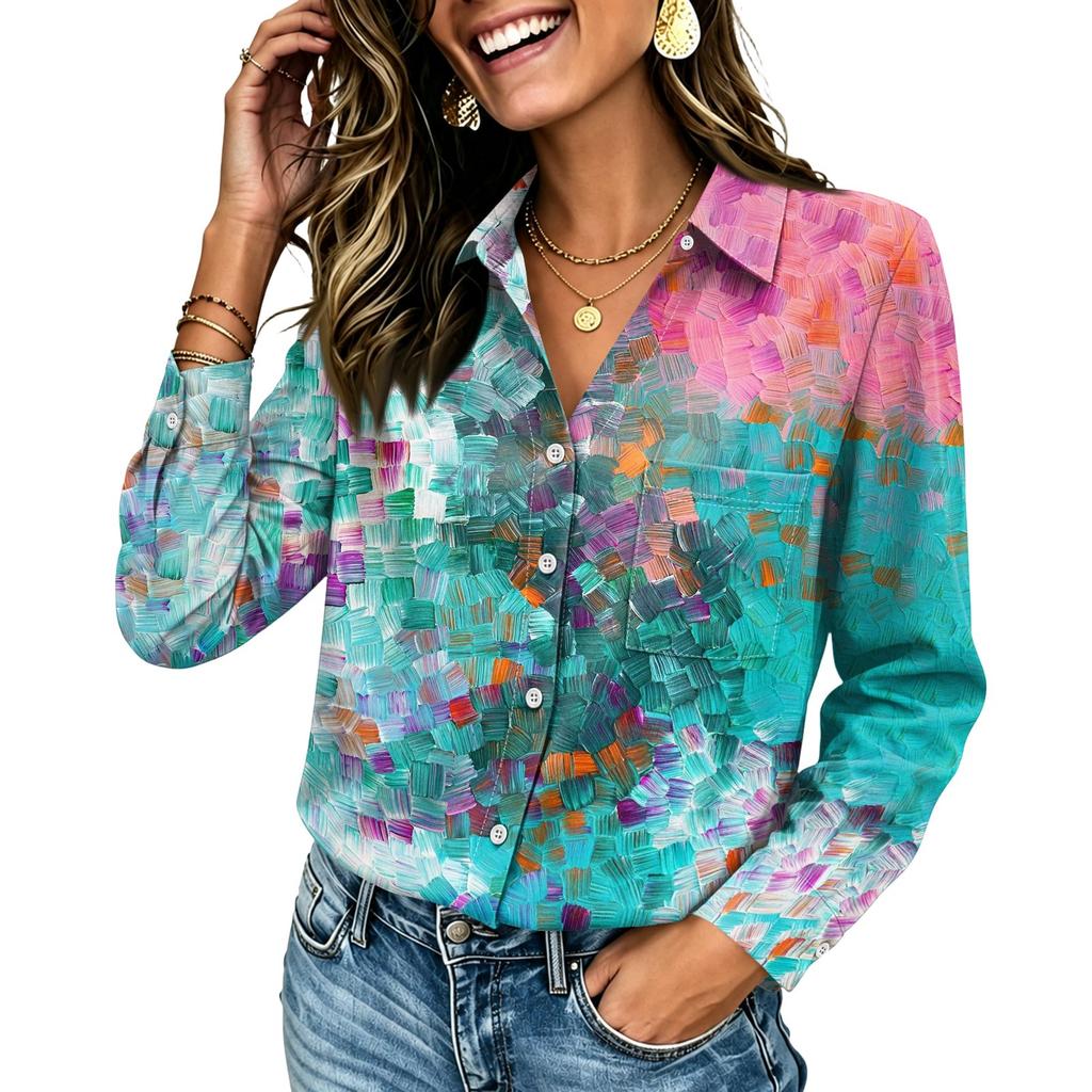 Women's Long Sleeve Button Down Shirt with Pocket, Color Casual Top for Everyday Wear