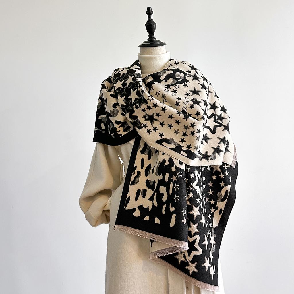 Ladies Thickened Winter Scarf Leopard Print Star Design Two-Sided Faux Cashmere Jacquard Wool Pashmina Wrap Luxury Style