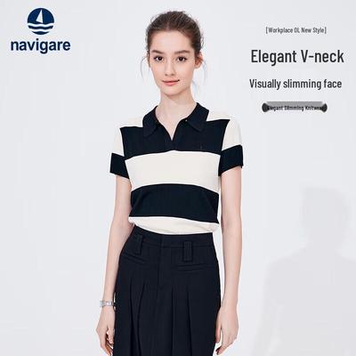Women's Striped Short Sleeve Polo Knit Top