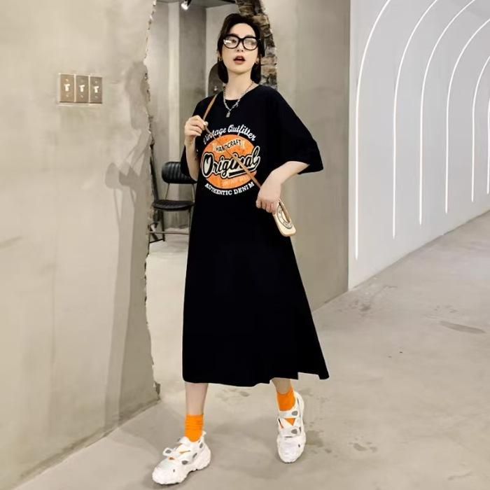 Lässiges und bequemes langes Kleid, knielanger gerader Rock, kurzärmeliges langes Sommer-Neues lockeres T-Shirt-Kleid für Damen