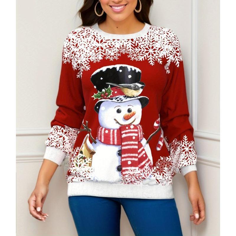 Casual Christmas Party Shirt with Snowman and Penguins Print, Long Sleeve Thin O-Neck