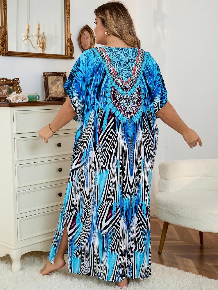 EDOLYNSA Niebieska damska długa sukienka Kaftan w stylu boho, oversize, wakacje na plaży, gorąco sprzedająca się narzutka na strój kąpielowy, szykowna, oddychająca sukienka domowa