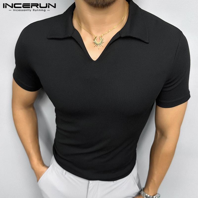 INCERUN Men Lapel Neck Short Sleeve Solid Color Casual Fitted T-shirts Tops