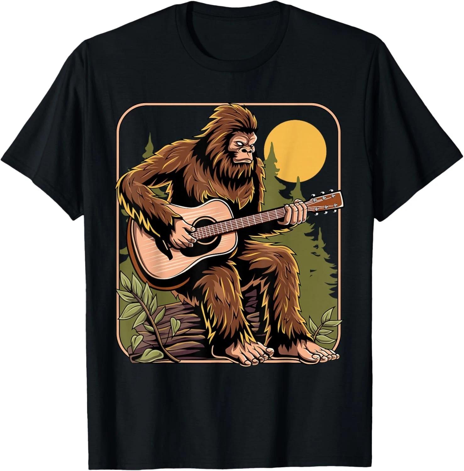 Retro Bigfoot Sasquatch Playing Acoustic Guitar Guitarist Gift Unisex T-Shirt S