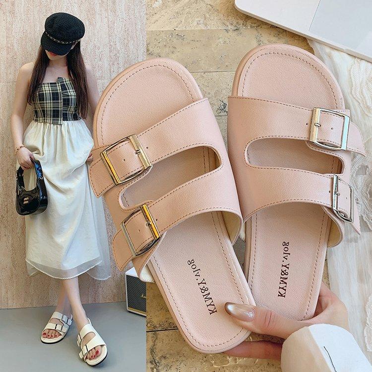 Temperament fairy style belt buckle open-toed square head slippers female summer wear French beautiful flat heel one word sandals sandals