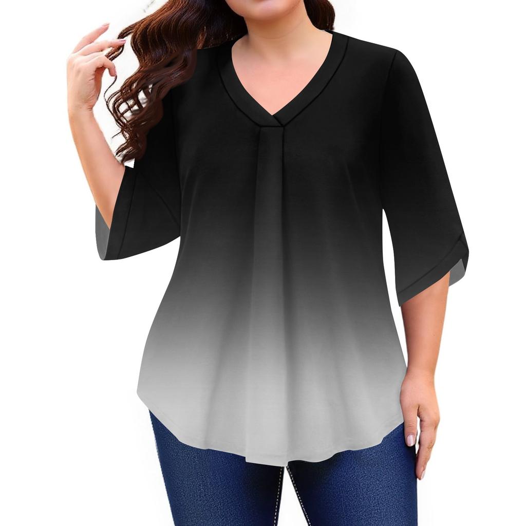 Women's Fashion Large Size Print V-Neck Three-quarter Sleeve Top