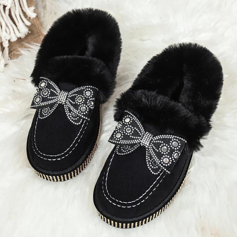 

Модные ботинки-дутики с кристальным бантом для женщин, зимние, на меху, без застежки, женские, с круглым носком, короткие плюшевые теплые ботильоны для женщин 40