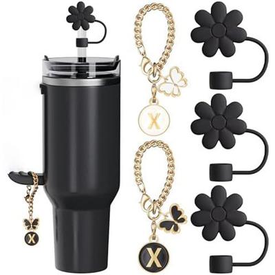 Pink Flower Cup Letter Charms Chain Straw Toppers 10mm Straw Cover Cap  For Tumbler with Handle