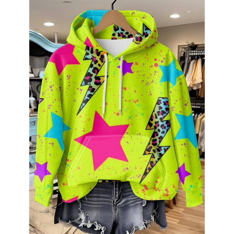 Womens Relaxed Fit Hooded Long Sleeve Sweatshirt With 3D Floral Plaid Print Breathable Comfort Casual Top