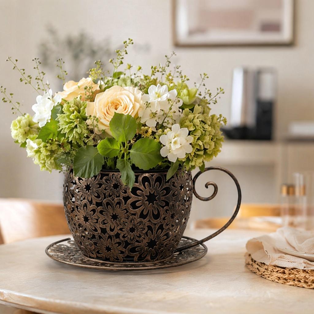 12 Inch Antique Metal Teacup Planter with Drainage Holes Decorative Rustic Iron Planter Weatherproof for Terrace Patio Yard