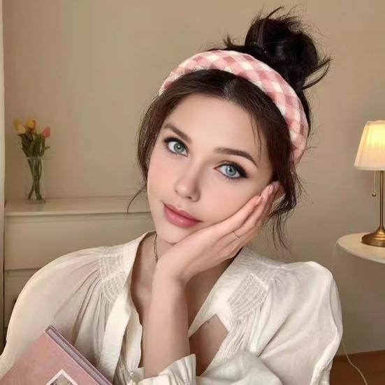 Women Headband Retro Plaid Pattern Thick Sponge Filling Soft Fabric Hair Hoop Fluffy Hairstyle Hair Accessory