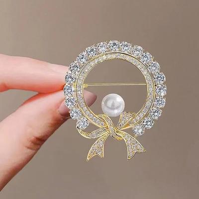 Round White  Pearl Cute Bowknot Brooches For Women  Creative Luxury Alloy Anti-Glare Lapel Clothes Fixed Pins