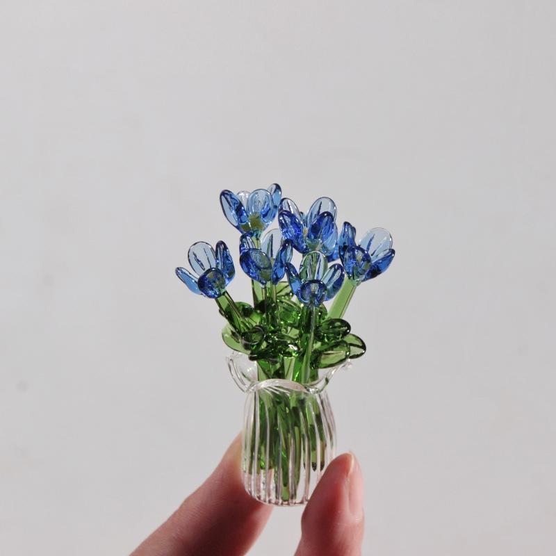 6/7Pcs Mini Lifelike Glass Flowers Simulation Flowers Handcrafted Floral Sculpture Floral Bouquet With Vase Home Decoration Gift
