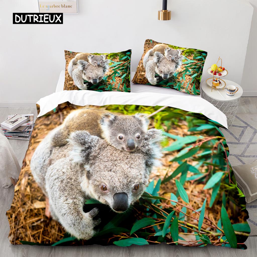 Koala Duvet Cover Set Microfiber Australia Animal Comforter Cover Queen for Kids Boy Girl Funny Lovely Koala On Tree Bedding Set