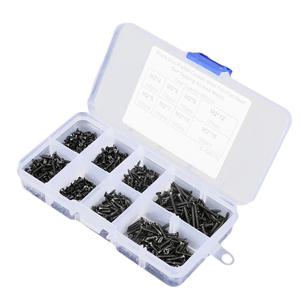 800pcs Black Carbon Steel Self Tapping Screws Cross Head Flat Head Cross Screws Countersunk 800pcs Set