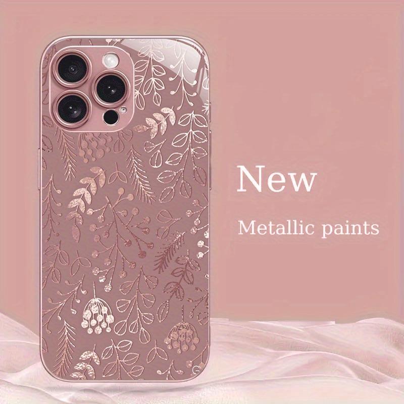 Kreatives Rosa Blumenpflanzen Muster Metallische Farbe Glas Handyhülle Für iPhone 11 12 13 14 15 16 17 Pro Max Plus 16E 17Air Hülle