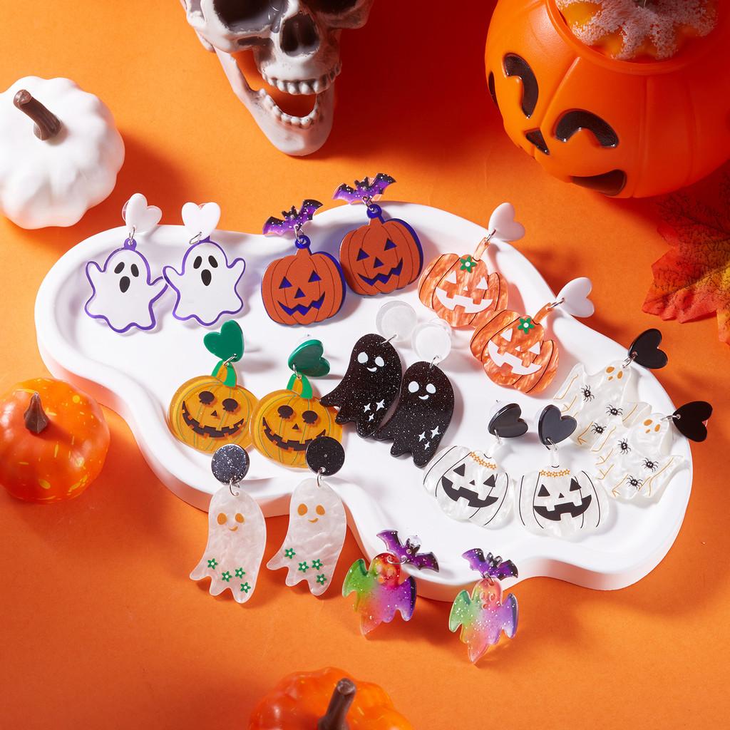 Halloween Bat Pumpkin Ghost Acrylic Earrings With Asymmetrical Animal Design For Festive Wear